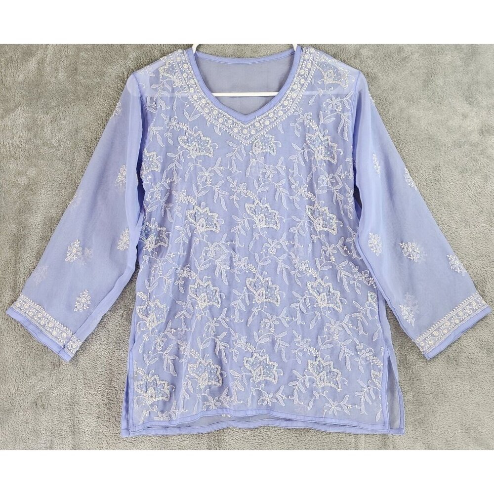 Womens Shirt Medium Purple Floral Embroidered Sequined 3/4 Kurta Style Sleeve
